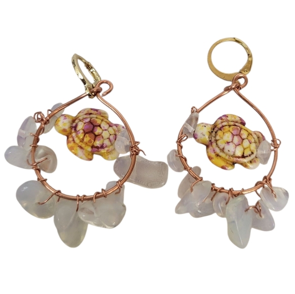 18K Gold Plated Cooper Hoop Faux Opal Turquoise Turtle Huggie Hoop Earrings - Picture 1 of 2